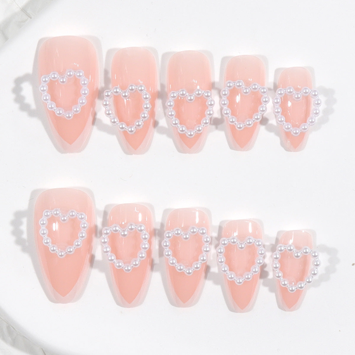 Romantic Chic Long Stiletto Pink Press On Nail Set with Heart Pearl Accents