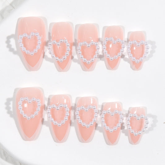 Romantic Chic Long Stiletto Pink Press On Nail Set with Heart Pearl Accents