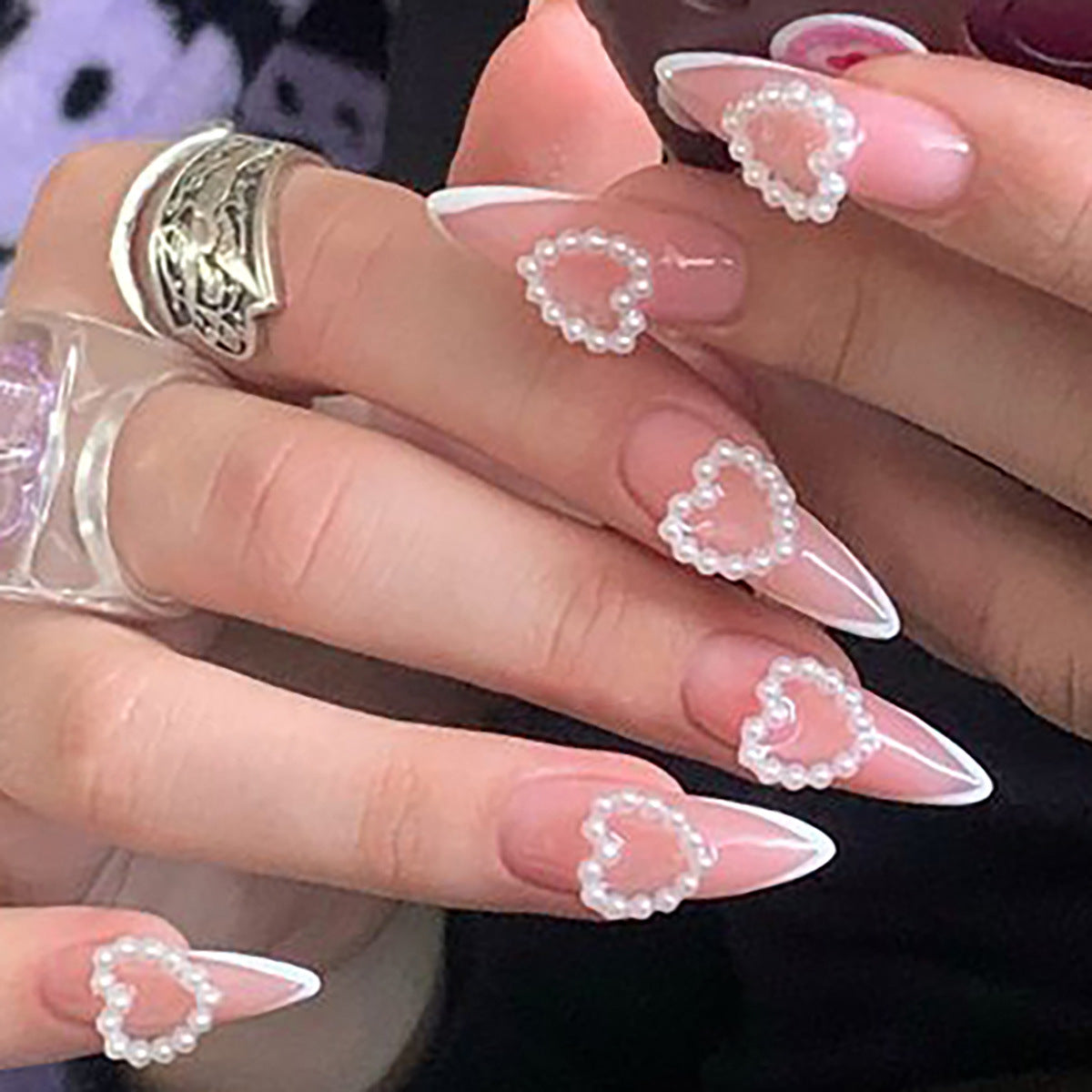 Romantic Heart Theme Long Stiletto Shaped Pink and White Buttercup Pearl Embellished Press On Nail Set