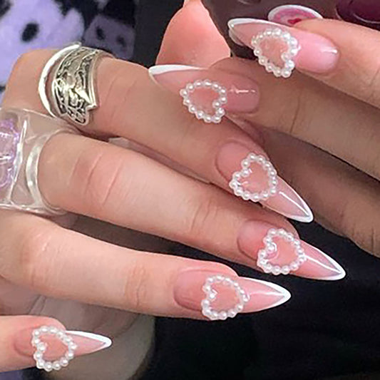 Romantic Heart Theme Long Stiletto Shaped Pink and White Buttercup Pearl Embellished Press On Nail Set