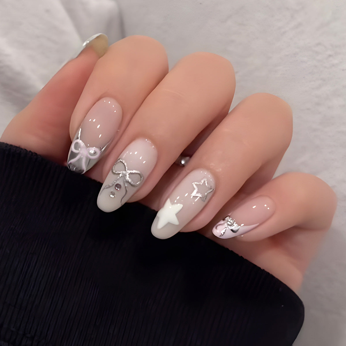 Celestial Elegance Long Oval Shaped White and Beige Press on Nail Set with Dazzling Silver Accents