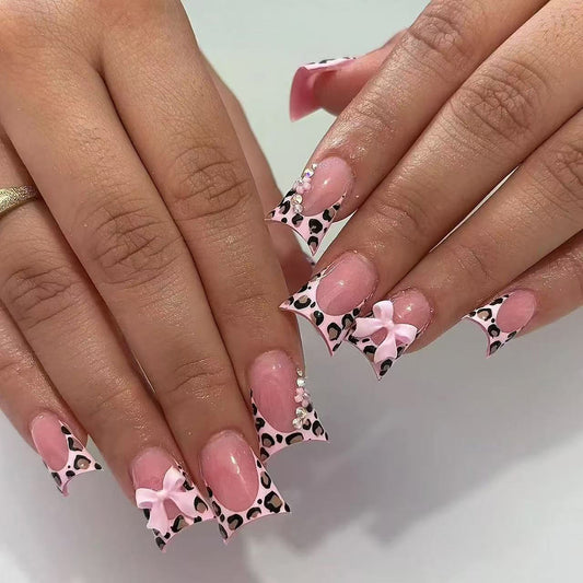 Chic Animal Print Long Duck Pink Press On Nail Set with Bow and Gemstone Accents