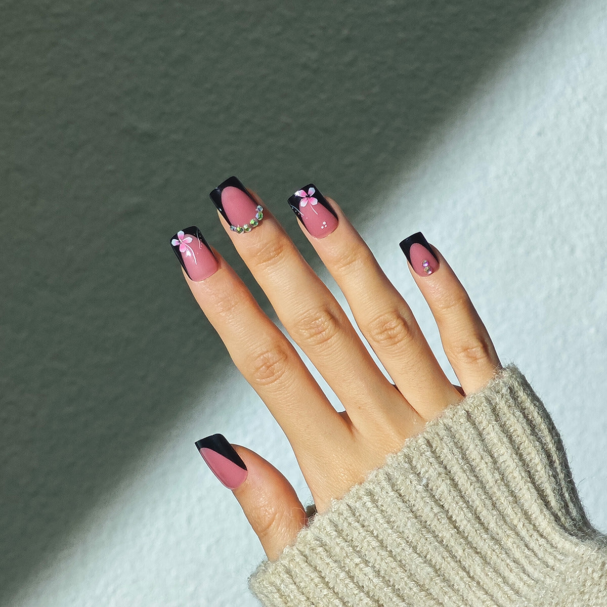 Glamorous Evening Delight Medium Square Pink and Black Press on Nail Set with Floral and Gem Accents