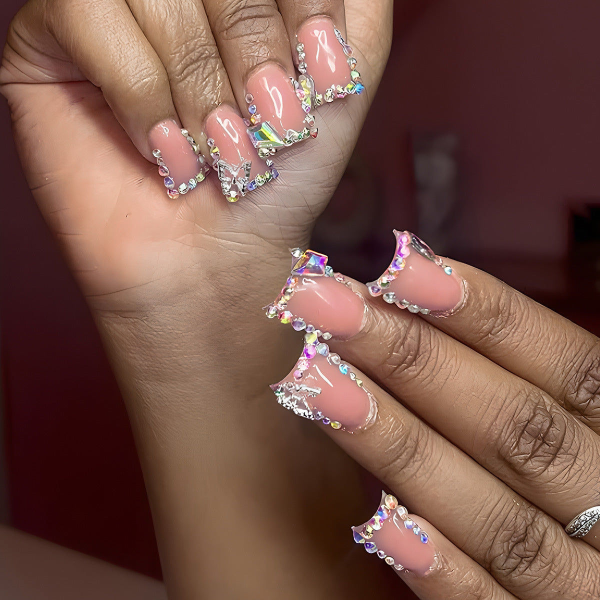 Glamorous Sparkle Long Duck Blush Pink Press-On Nail Set with Gemstone Accents