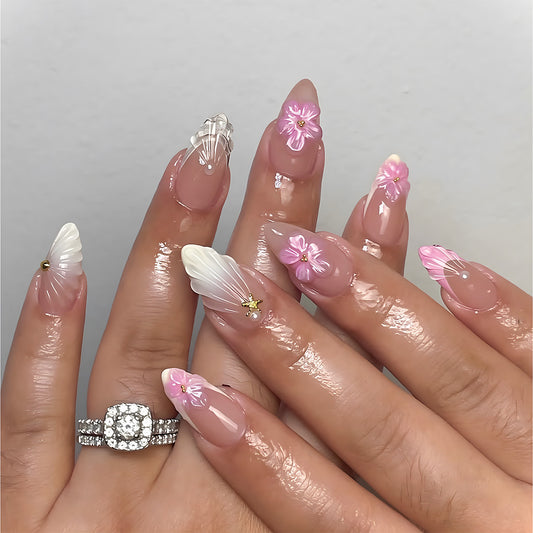 Boho Floral Elegance Medium Almond Pink with Floral Accents Press On Nail Set