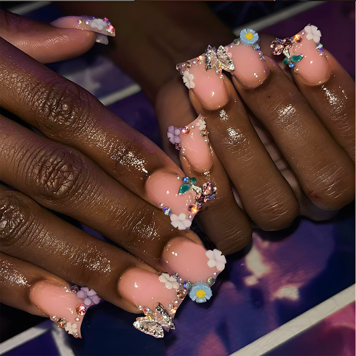 Whimsical Blooming Fantasy Long Duck Pink Press on Nail Set with Dazzling Floral Accents and Gemstone Embellishments