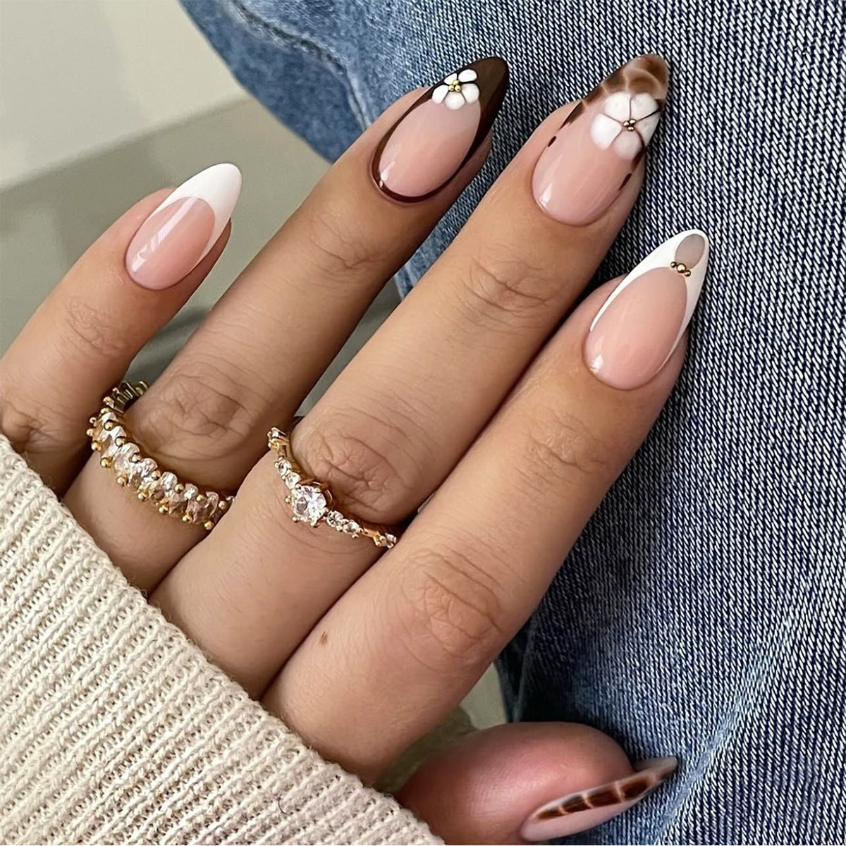 Whimsical Blossom Long Almond Pastel Pink and Brown With Floral Accents Press On Nail Set