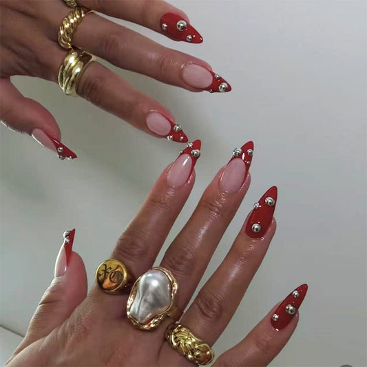 Glamorous Red Long Almond Press On Nail Set with Stunning Rhinestone Accents