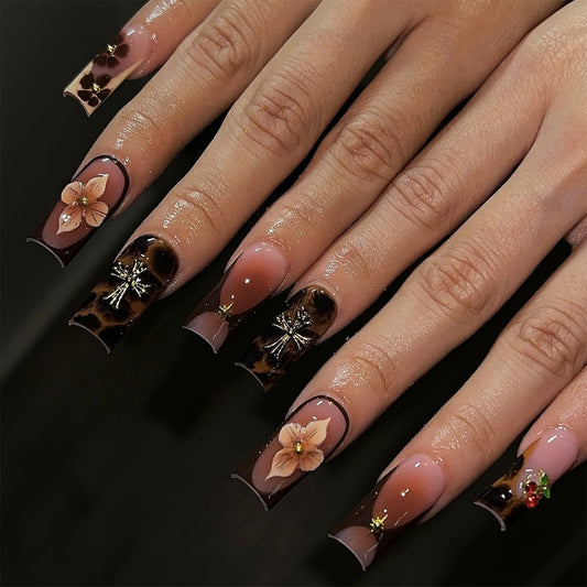 Enchanting Floral Glamour Long Square Press-On Nails in Stunning Brown with Intricate Botanical Designs