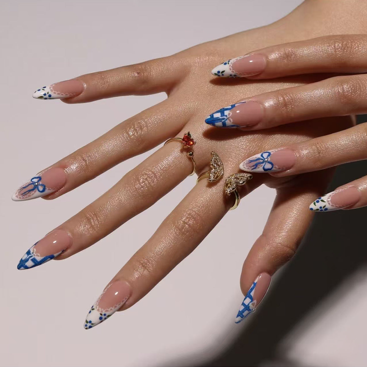 Whimsical Elegance Long Almond Blue Floral Press on Nail Set with Intricate Detailing