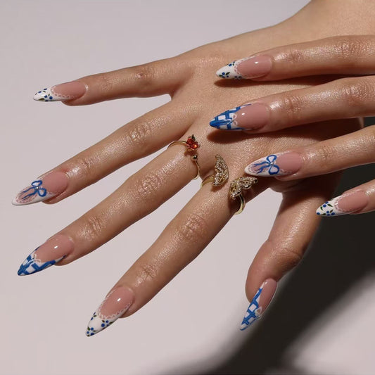Whimsical Elegance Long Almond Blue Floral Press on Nail Set with Intricate Detailing