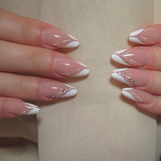 Elegant Dreamy Long Almond Shaped Beige and White Press On Nail Set with Sparkling Detailing