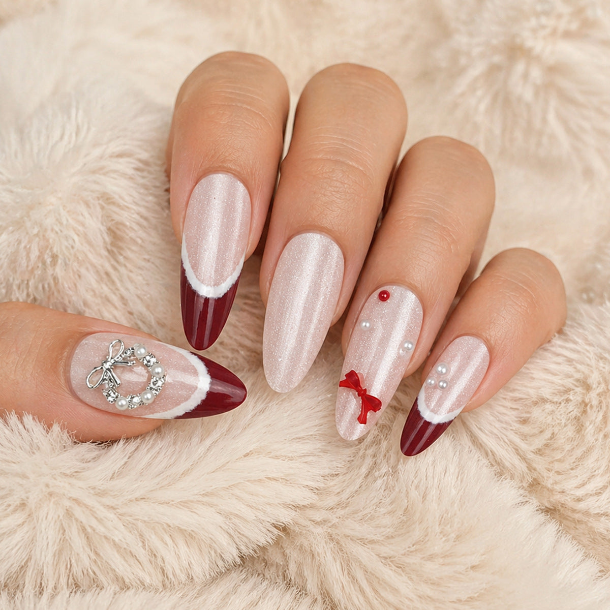 Festive Glamour Long Almond Burgundy and White Nail Set with Elegant Embellishments