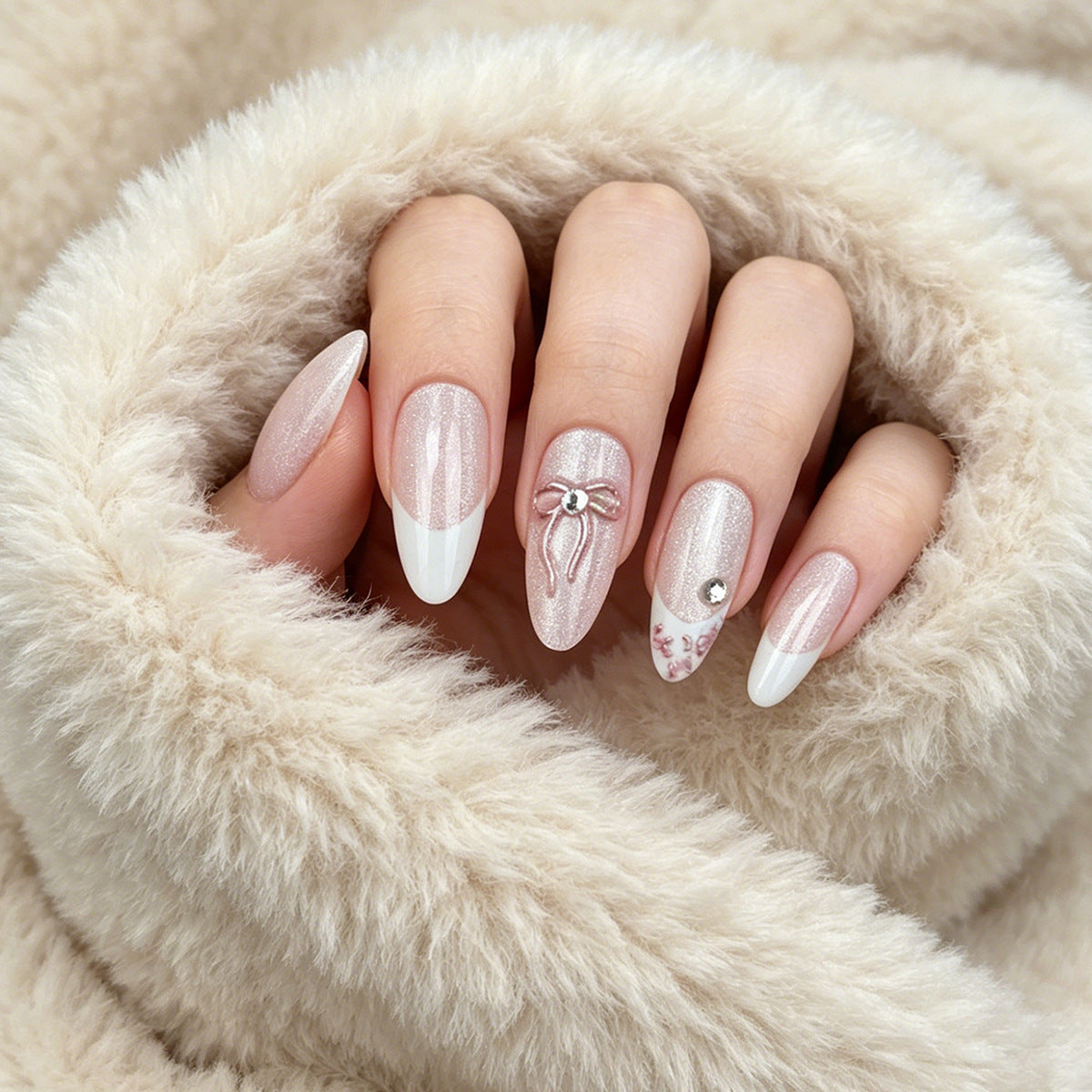Whimsical Chic Medium Oval Blush with Glittering Bow Press on Nail Set