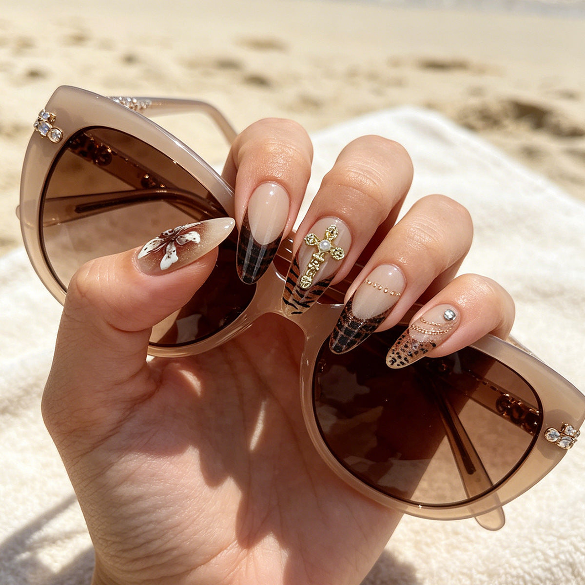 Boho Chic Medium Almond Beige and Black Press on Nail Set with Unique Floral Accents