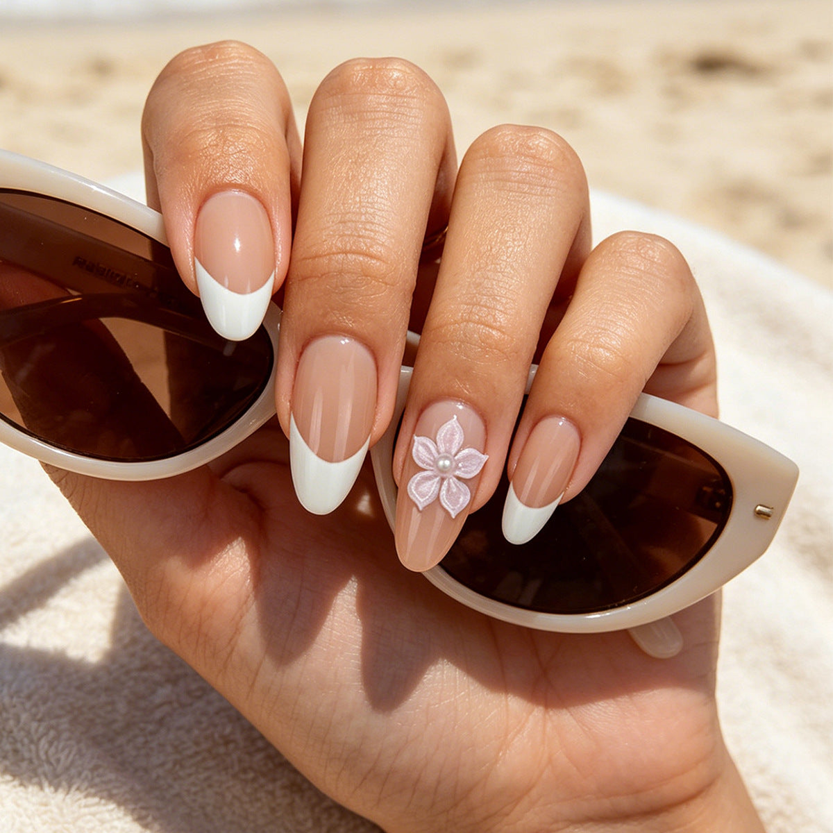Tropical Vibes Medium Almond Soft Pink and White French Tip with Flower Accent Press on Nail Set