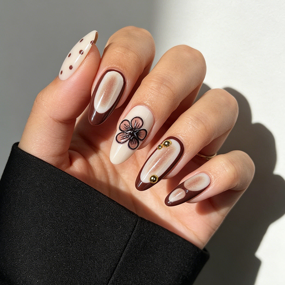 Bohemian Elegance Medium Almond Neutral Brown Floral Design Press-On Nail Set