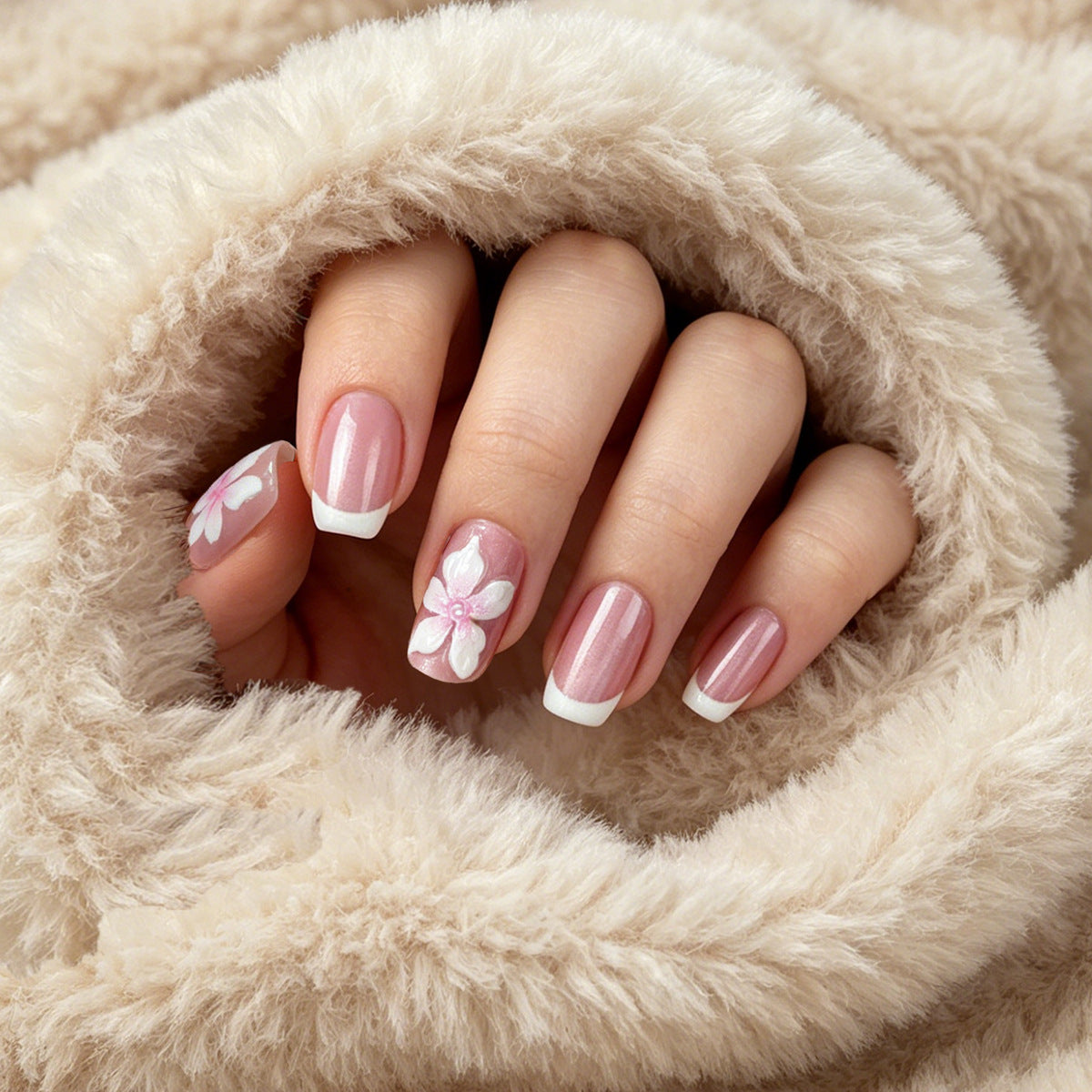 Blossom Elegance Medium Square Pink with Floral Accent Press on Nail Set