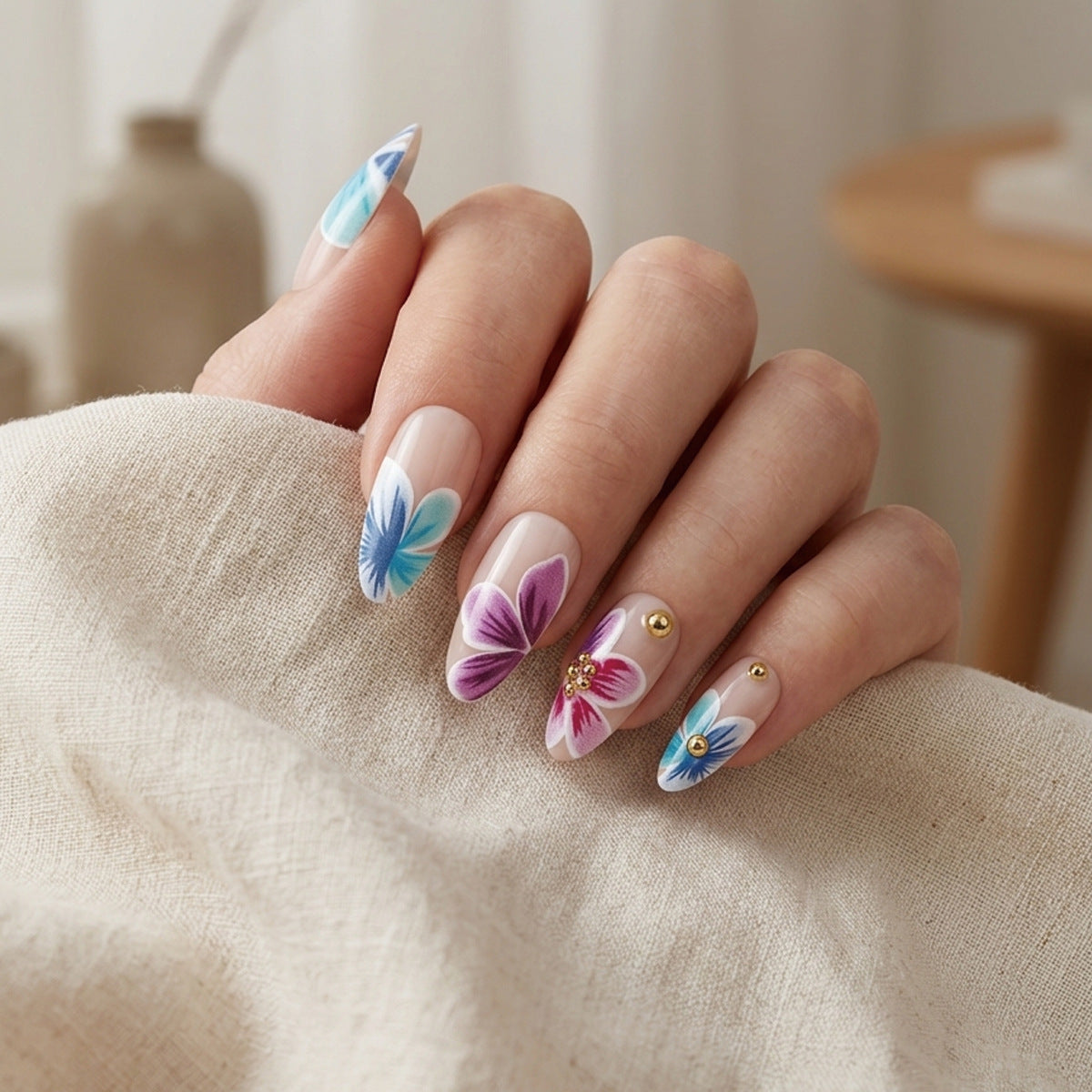 Bohemian Blossom Medium Almond Multi-Color Floral Accent Press-On Nail Set