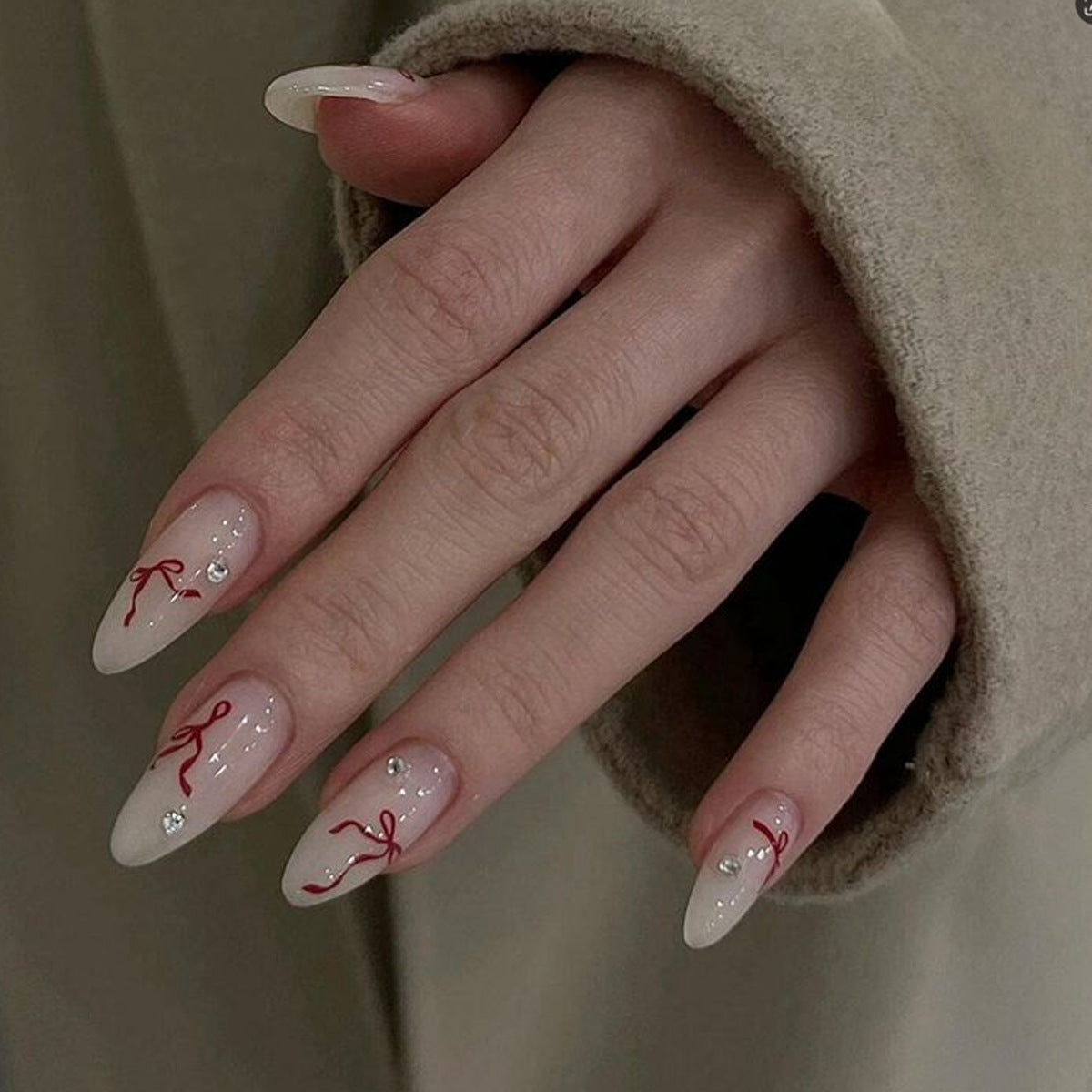 Charming Celebration Long Almond White with Red Ribbon and Gem Accents Press on Nail Set