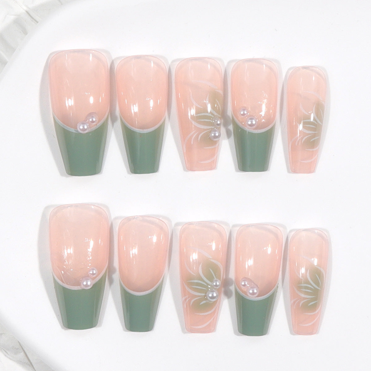 Floral Elegance Extra Long Coffin Press On Nail Set Green and Pink with Pearl Accents and Leaf Designs
