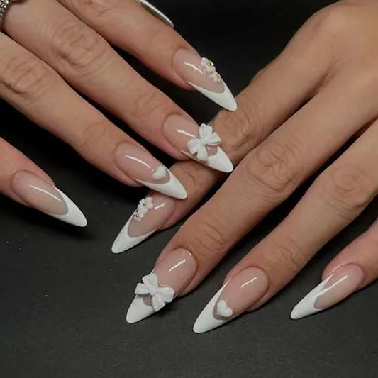 Elegant Floral Fantasy Long Stiletto White Press On Nail Set with 3D Bow and Gem Embellishments