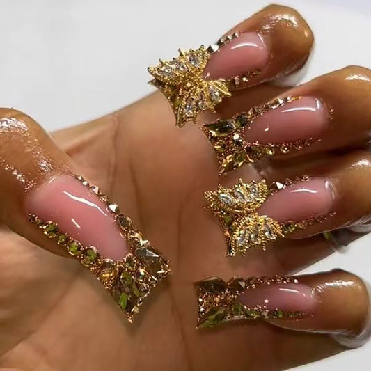 Glamorous Butterfly Bliss Long Duck Pink Nails with Shimmering Gold Accents and Stunning Rhinestone Decor
