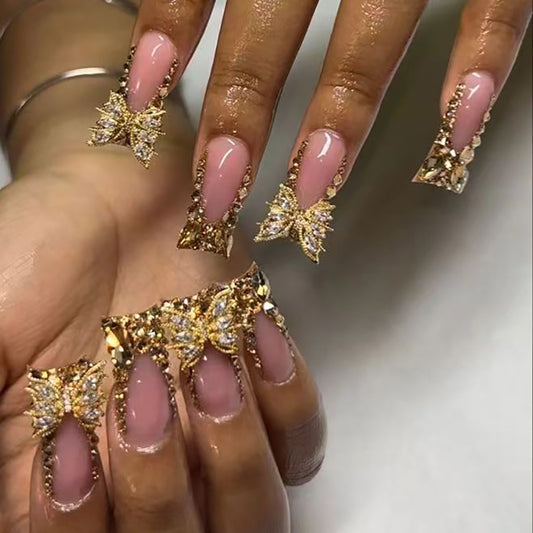 Glamorous Butterfly Bling Duck Press On Nails Long Pink with Sparkling Gold Accent Decor