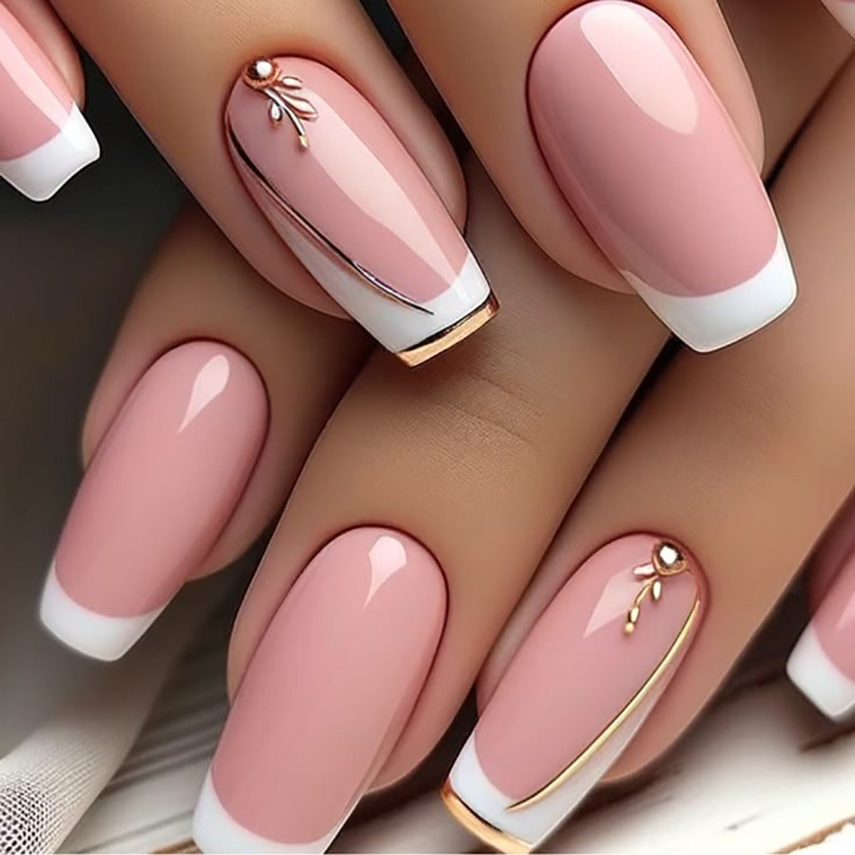 Elegant Blossom Press On Nail Set Medium Square Soft Pink with Gold Accents