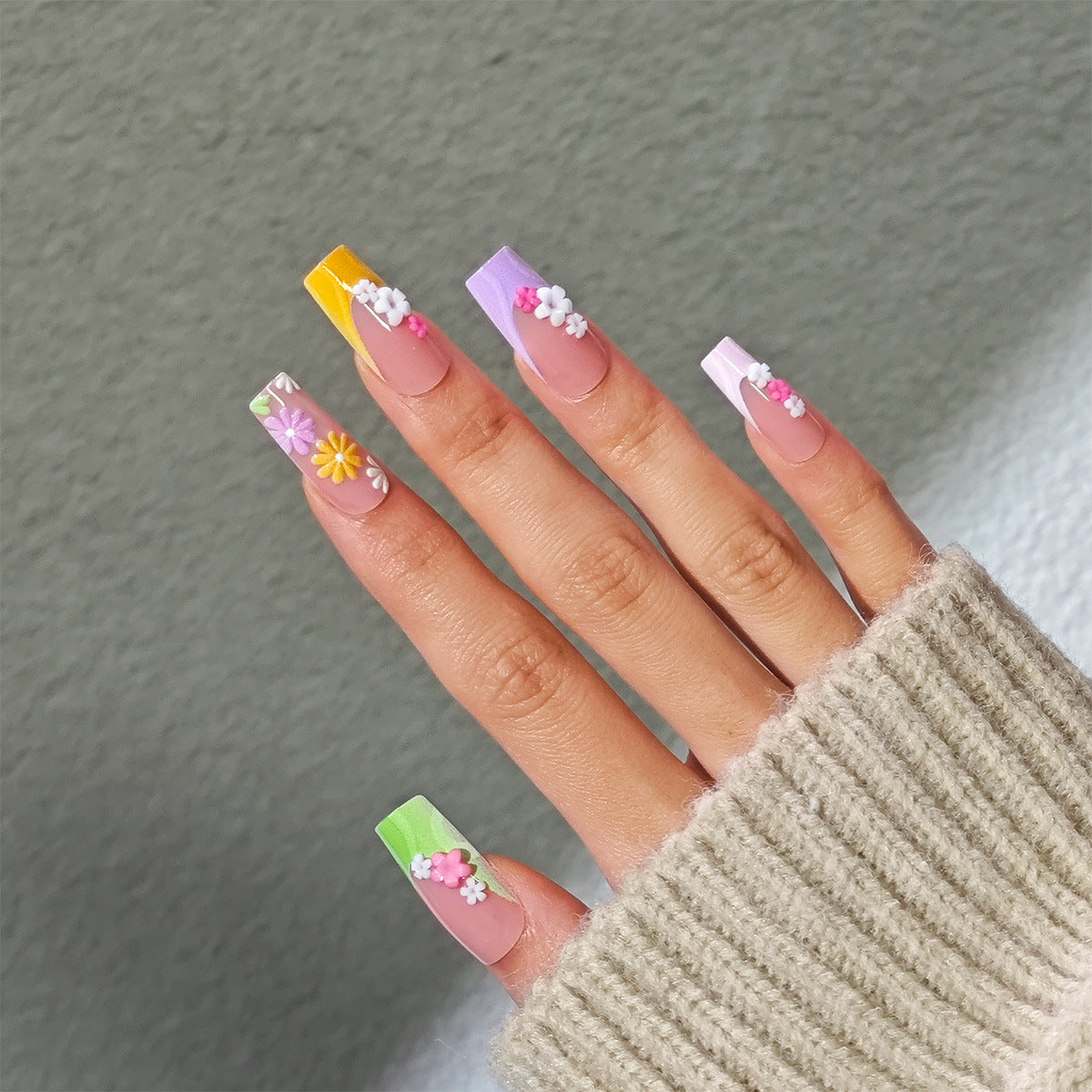 Whimsical Garden Medium Square Pastel Nails with Charming Floral Accents