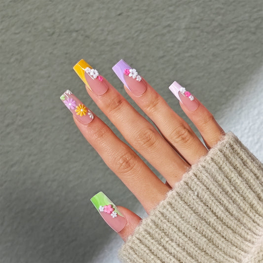 Whimsical Garden Medium Square Pastel Nails with Charming Floral Accents