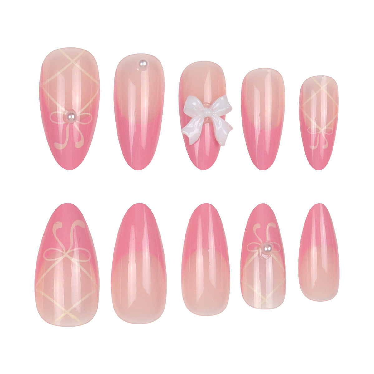 Charming Ballet Inspired Press On Nail Set Medium Almond Pink with Delightful Bow and Pearl Accents