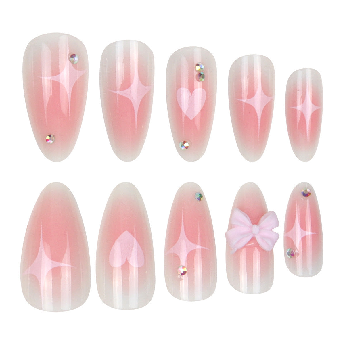 Dreamy Romance Medium Almond Pink Ombre Nails with Heart and Bow Accents