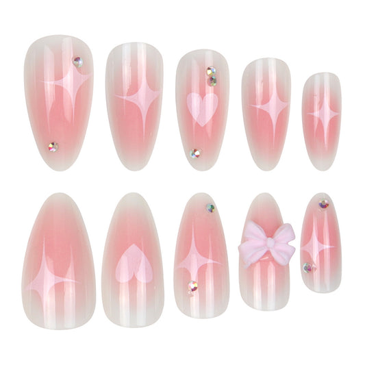 Dreamy Romance Medium Almond Pink Ombre Nails with Heart and Bow Accents