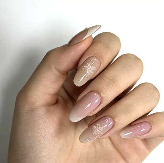 Whimsical Blossom Press On Nail Set with Long Almond Shape in Soft Pink and Elegant Floral Detail