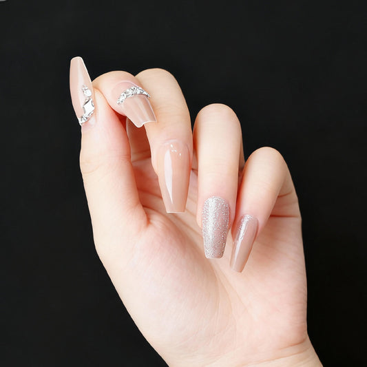 Glamorous Elegance Long Coffin Beige Press on Nail Set with Sparkling Accent and Rhinestone Detail