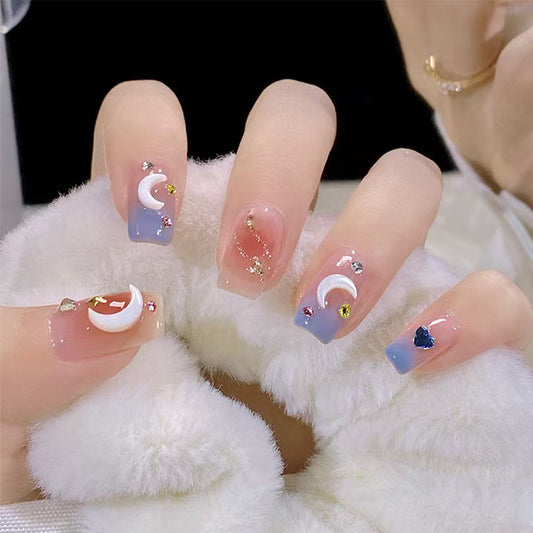 Celestial Dream Iridescent Medium Square Press On Nail Set with Sparkling Moon and Star Accents