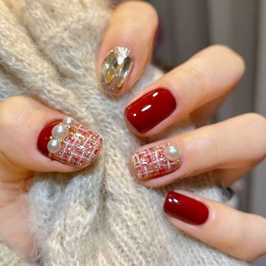 Glamorous Holiday Elegance Short Square Red Press On Nail Set with Pearl and Gem Accents
