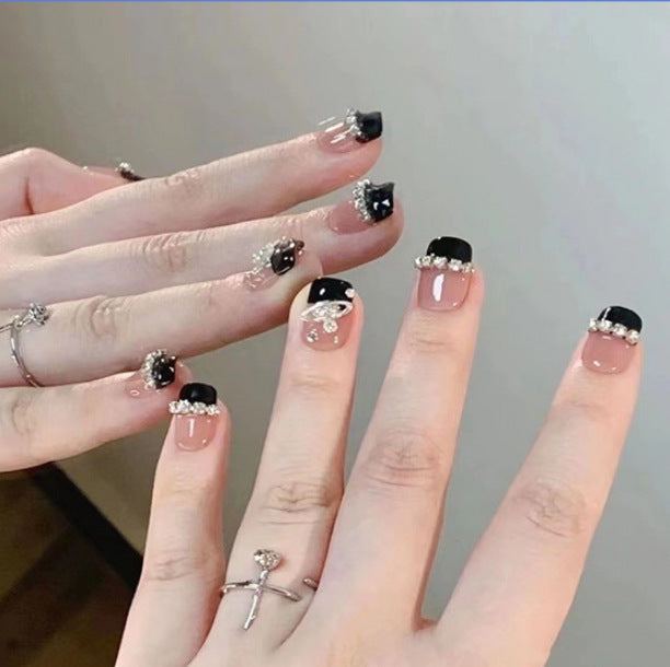 Gothic Elegance Medium Square Black and Beige Press-On Nail Set with Sparkling Gem Accents
