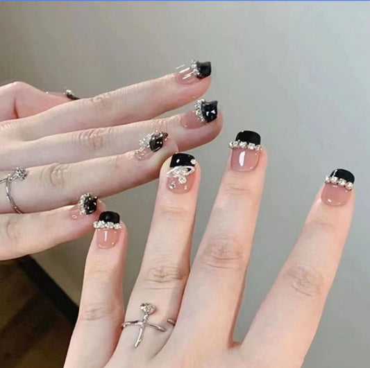 Gothic Elegance Medium Square Black and Beige Press-On Nail Set with Sparkling Gem Accents