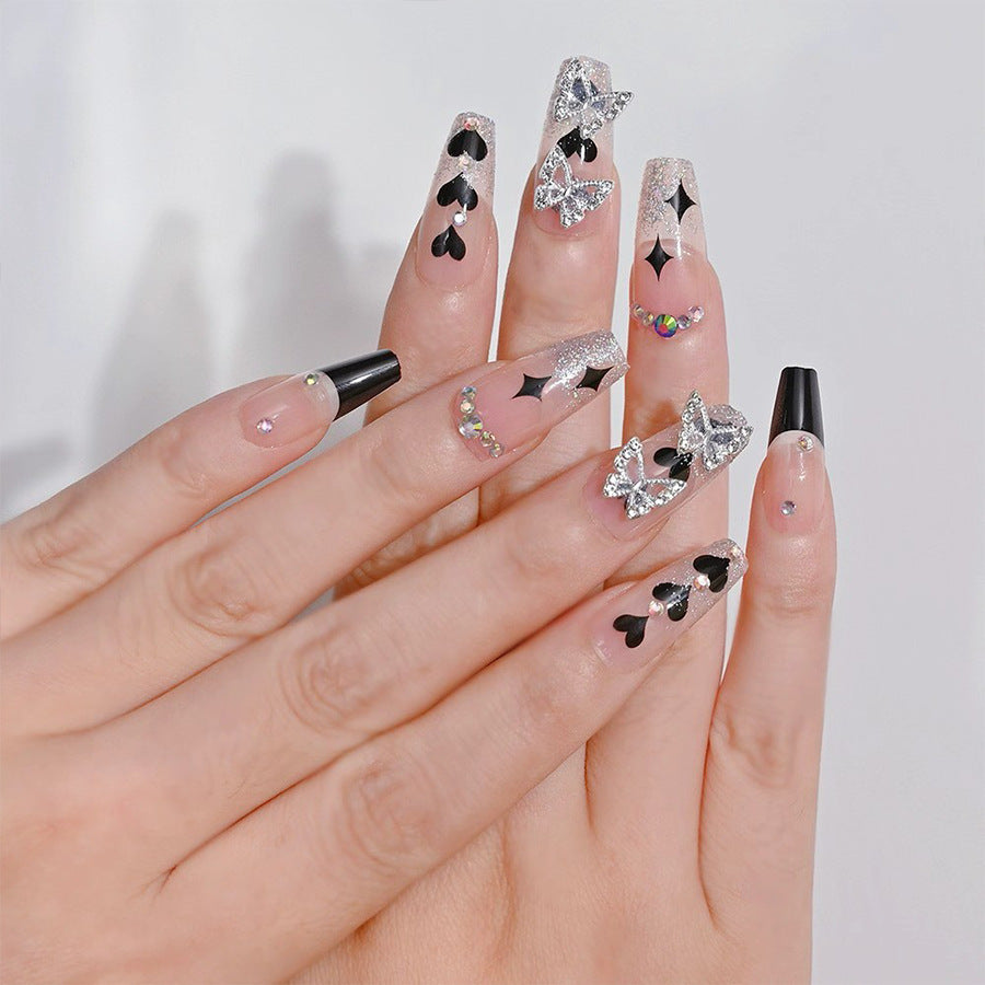 Glamorous Evening Dreams Long Coffin Clear with Glittering Heart and Butterfly Accents Press on Nail Set