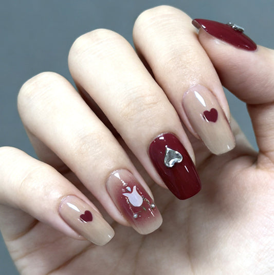 Charming Romance Medium Square Burgundy and Beige Press On Nail Set with Heart and Apple Accents