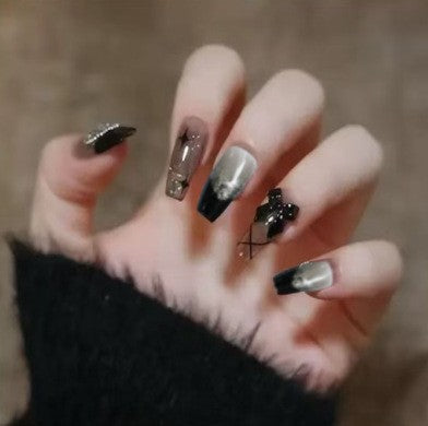 Mystical Elegance Long Coffin Black and Gray Gradient Press On Nail Set with Unique Gemstone Accents