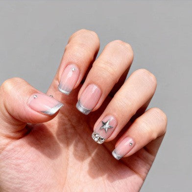 Celestial Dream Elegant Medium Square Beige with Glitter Tips and Dazzling Star Accent Press On Nail Set