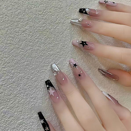 Celestial Glamour Long Coffin Pink and Black Gradient with Star Decorations Press-On Nail Set