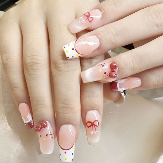 Whimsical Charm Long Square Blush Pink Press On Nail Set with Adorable Bow Details