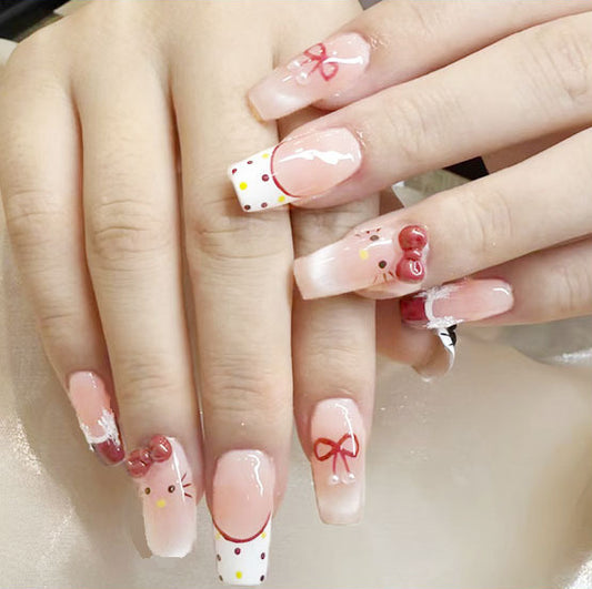 Whimsical Charm Long Square Blush Pink Press On Nail Set with Adorable Bow Details