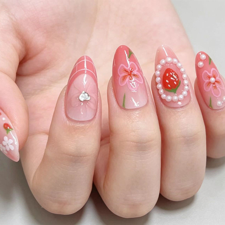 Blossom Chic Medium Almond Pink Nails with Floral Accents
