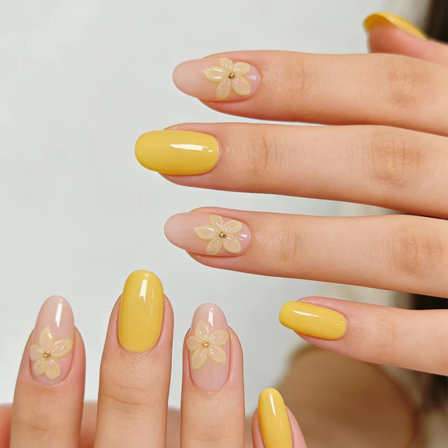 Sunny Blooming Elegance Medium Oval Yellow Press on Nail Set with Delightful Flower Accents