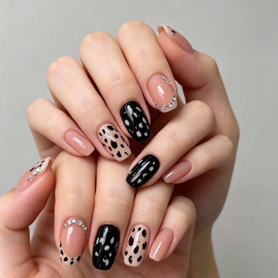 Chic Black and Beige Short Square Glossy Press On Nail Set with Dazzling Gems